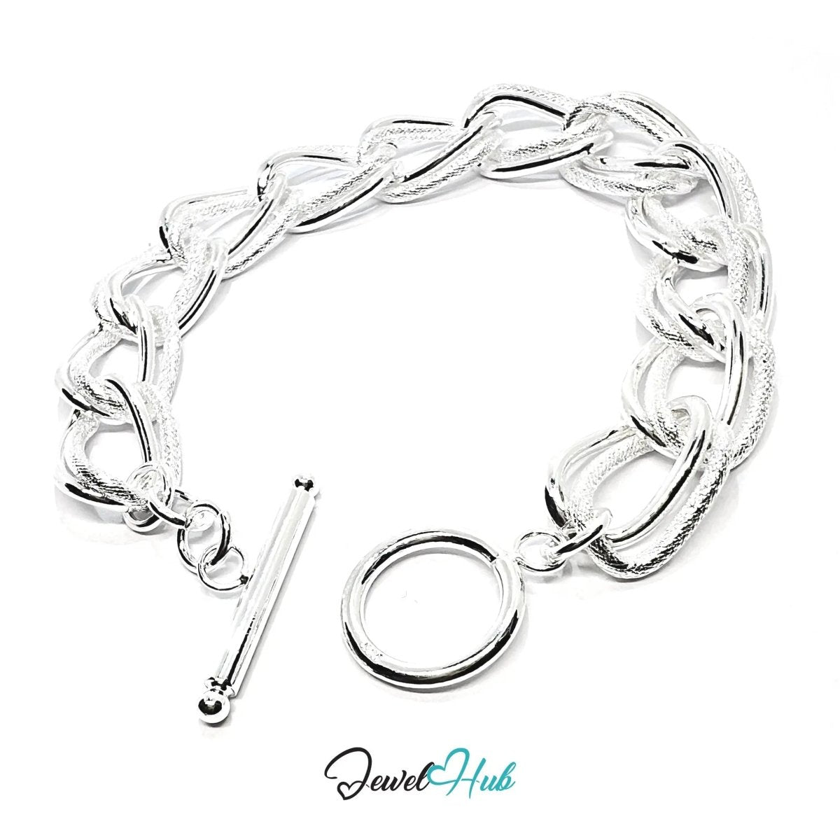 925 Sterling Silver Chain Bracelet — Textured Oval Links, Toggle Clasp - JewelHub.co.uk