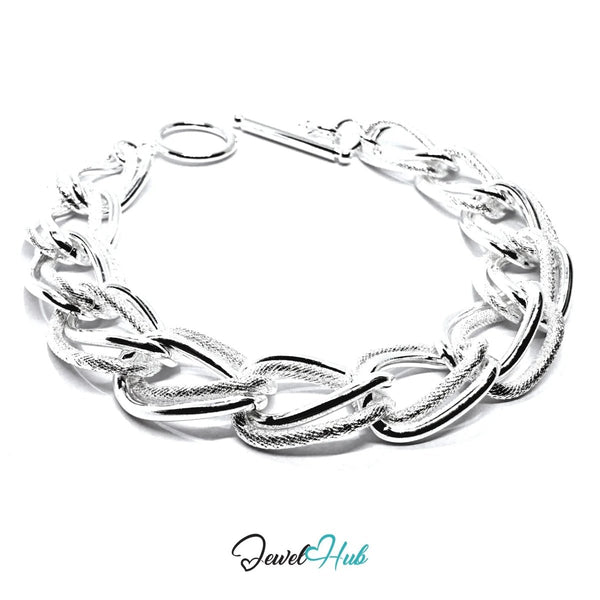 925 Sterling Silver Chain Bracelet — Textured Oval Links, Toggle Clasp - JewelHub.co.uk