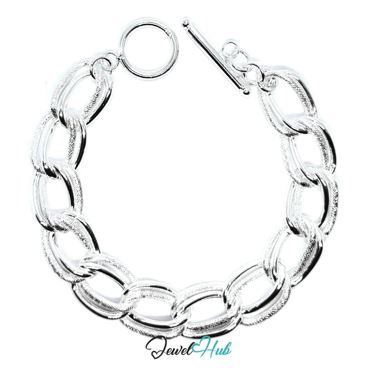 925 Sterling Silver Chain Bracelet — Textured Oval Links, Toggle Clasp - JewelHub.co.uk