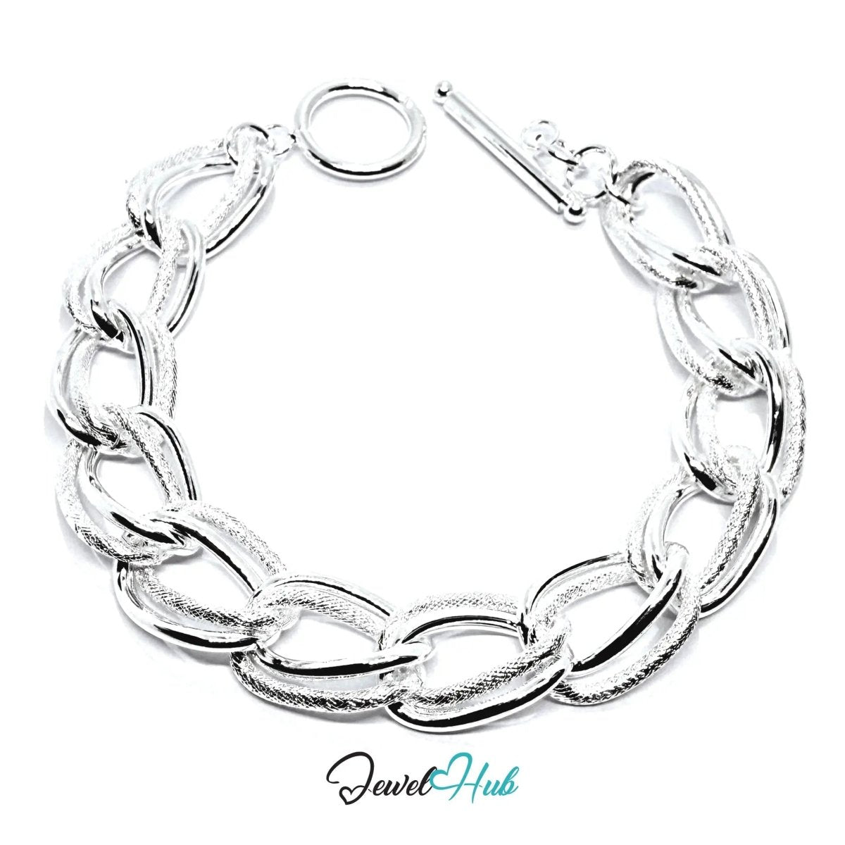 925 Sterling Silver Chain Bracelet — Textured Oval Links, Toggle Clasp - JewelHub.co.uk