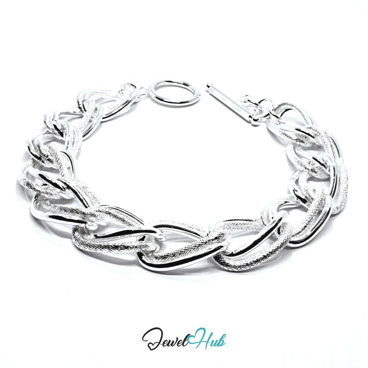 925 Sterling Silver Chain Bracelet — Textured Oval Links, Toggle Clasp - JewelHub.co.uk