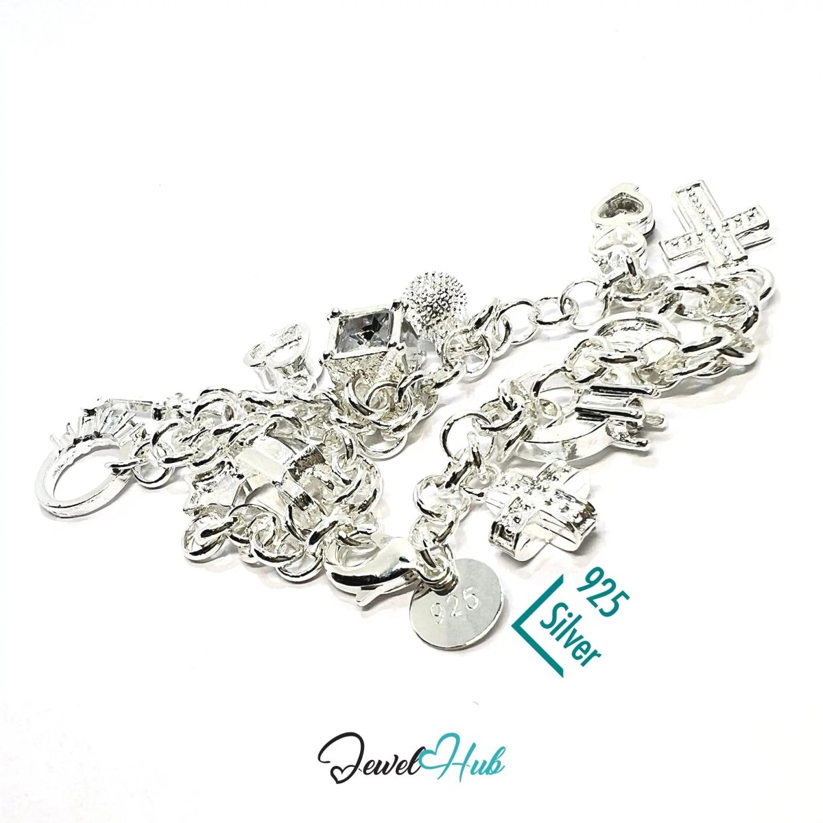925 Sterling Silver Charm Bracelet – Symbolic Motif Chain with Heart, Moon, Cross & Star - JewelHub.co.uk