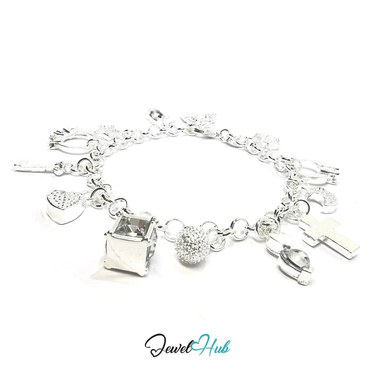 925 Sterling Silver Charm Bracelet – Symbolic Motif Chain with Heart, Moon, Cross & Star - JewelHub.co.uk