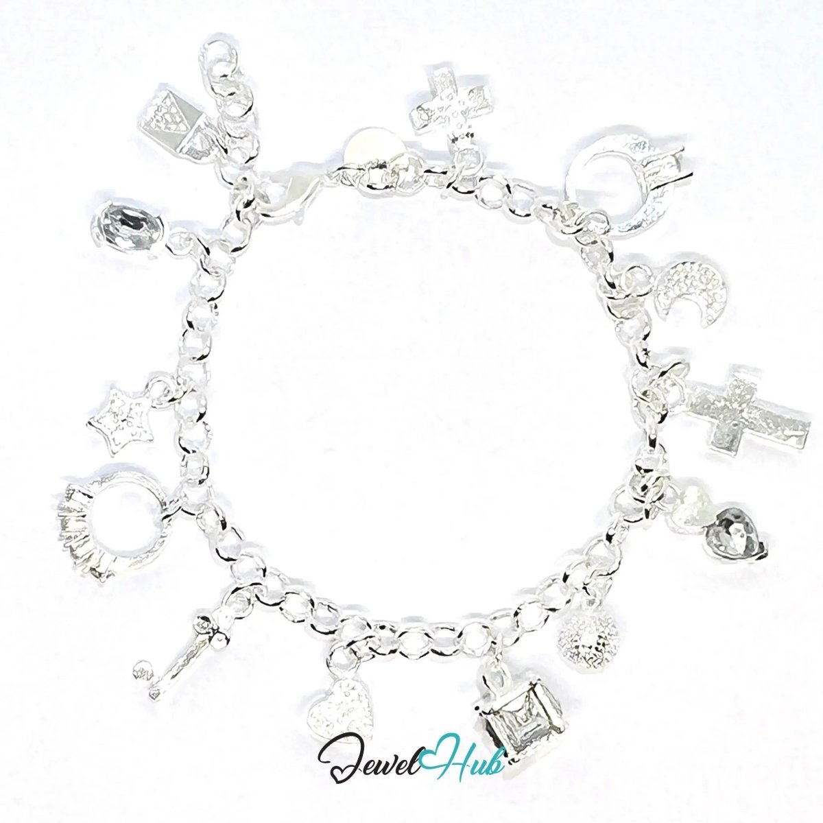 925 Sterling Silver Charm Bracelet – Symbolic Motif Chain with Heart, Moon, Cross & Star - JewelHub.co.uk