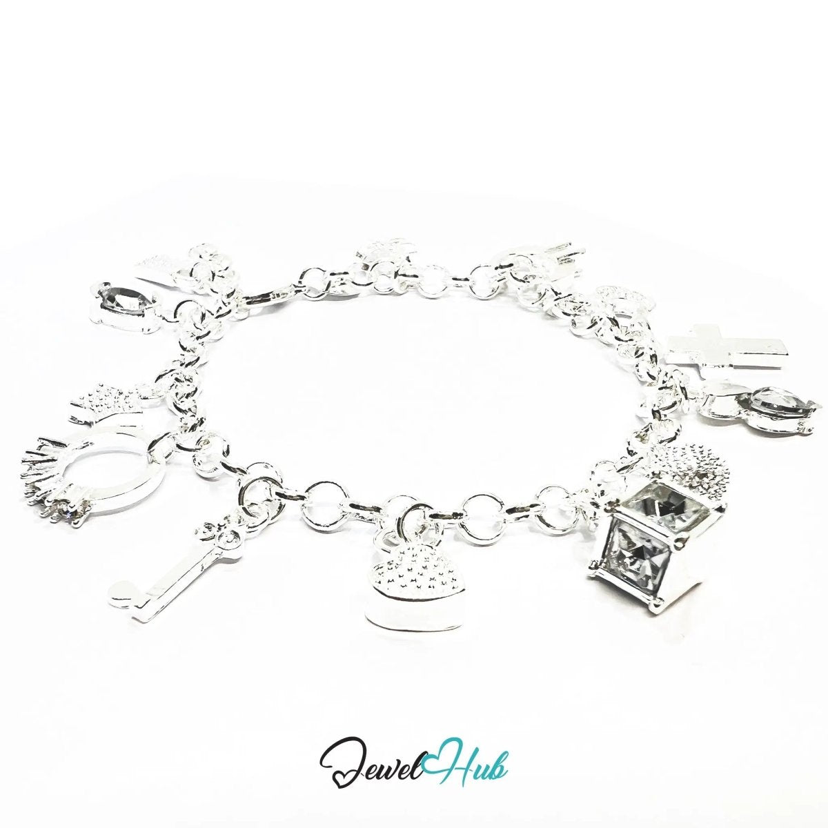 925 Sterling Silver Charm Bracelet – Symbolic Motif Chain with Heart, Moon, Cross & Star - JewelHub.co.uk