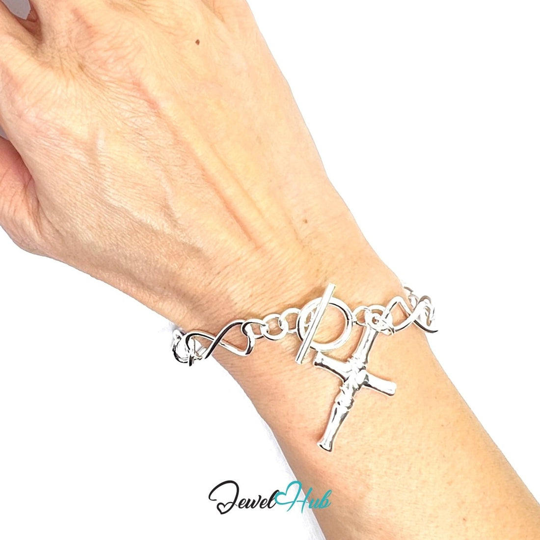925 Sterling Silver CrossLink Bracelet – Twisted Chain with Sculptural Cross Pendant - JewelHub.co.uk