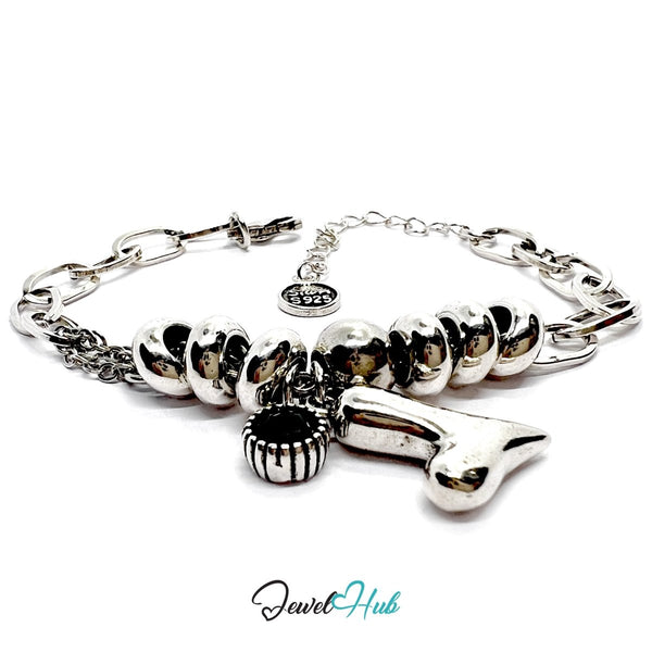 925 Sterling Silver DuoCharm Bracelet – Adjustable Chain with Black Gem & Heart Charms - JewelHub.co.uk