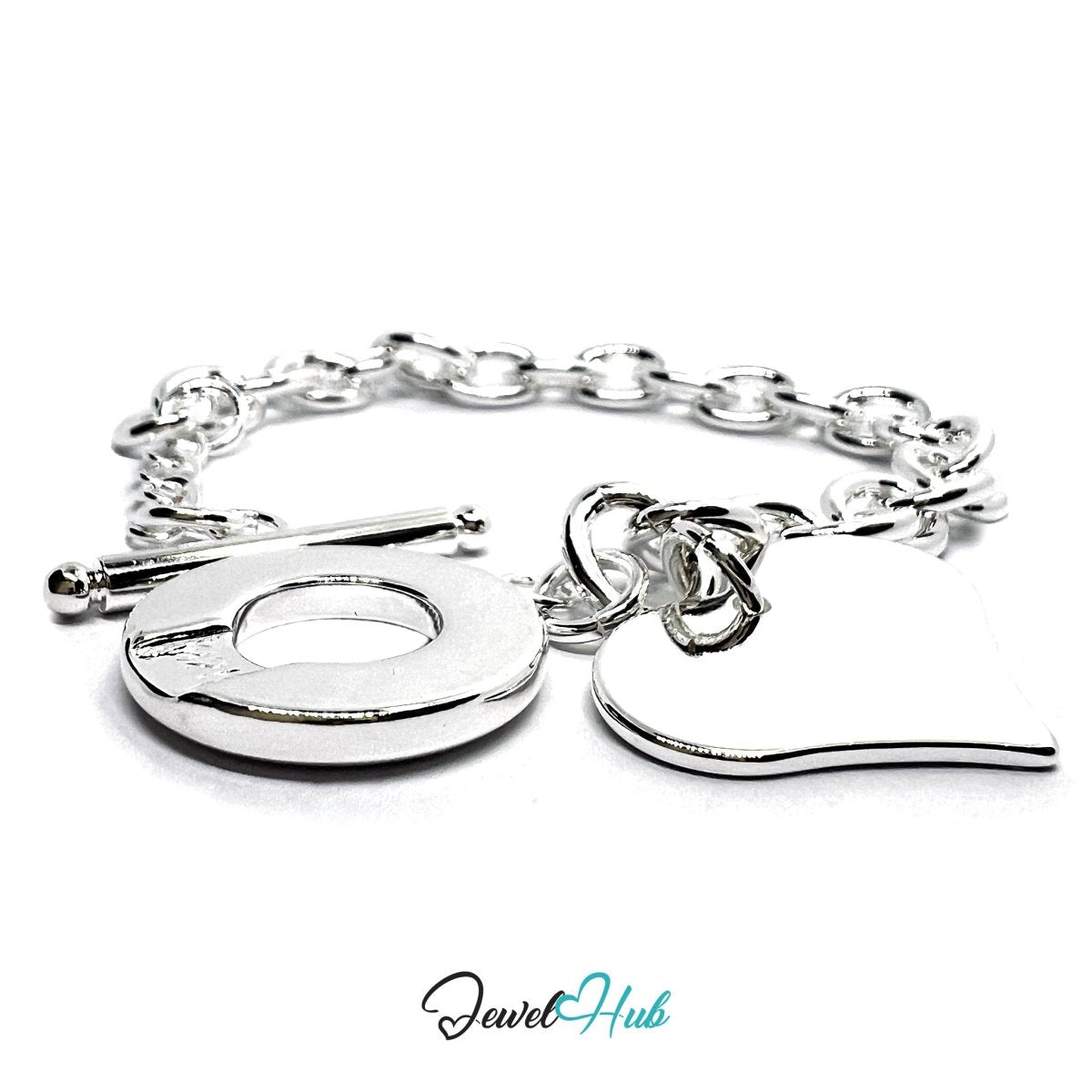 925 Sterling Silver DuoCharm Bracelet – Chain with Heart & Circle Charms - JewelHub.co.uk