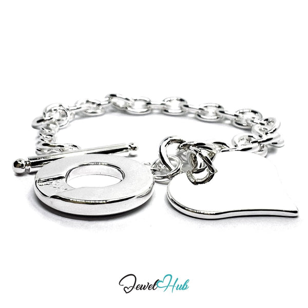 925 Sterling Silver DuoCharm Bracelet – Chain with Heart & Circle Charms - JewelHub.co.uk