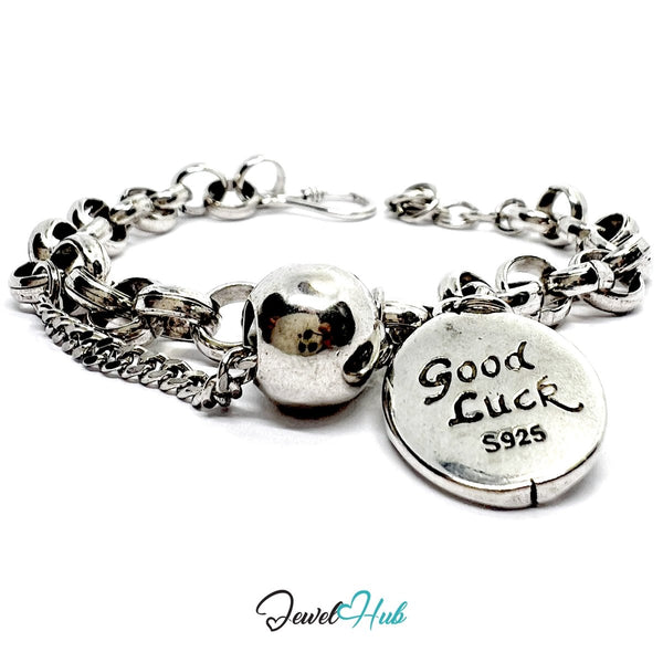 925 Sterling Silver DuoCharm Bracelet – Sculptural Chain with Sphere & Tag Charms - JewelHub.co.uk