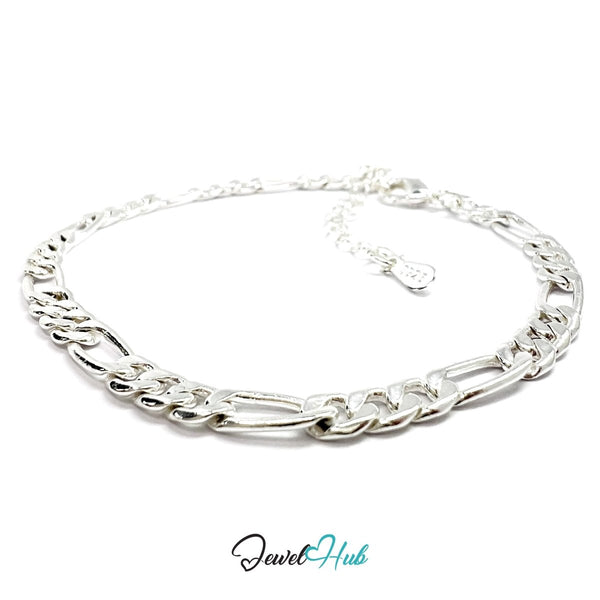 925 Sterling Silver Figaro Chain Bracelet 4.2mm | 18–22cm Adjustable - JewelHub.co.uk
