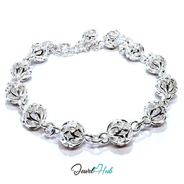 925 Sterling Silver Filigree Bead Bracelet – Ornate Adjustable Chain with Delicate Cutouts - JewelHub.co.uk