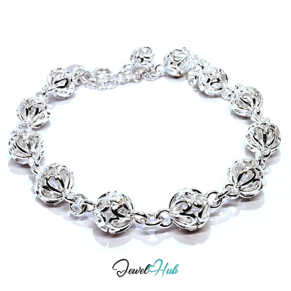 925 Sterling Silver Filigree Bead Bracelet – Ornate Adjustable Chain with Delicate Cutouts - JewelHub.co.uk