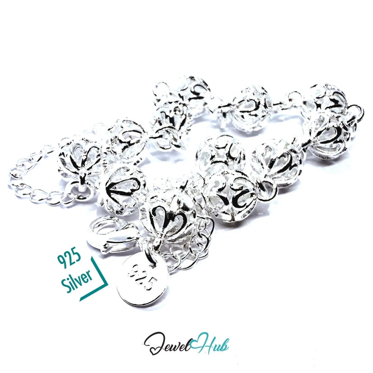 925 Sterling Silver Filigree Bead Bracelet – Ornate Adjustable Chain with Delicate Cutouts - JewelHub.co.uk