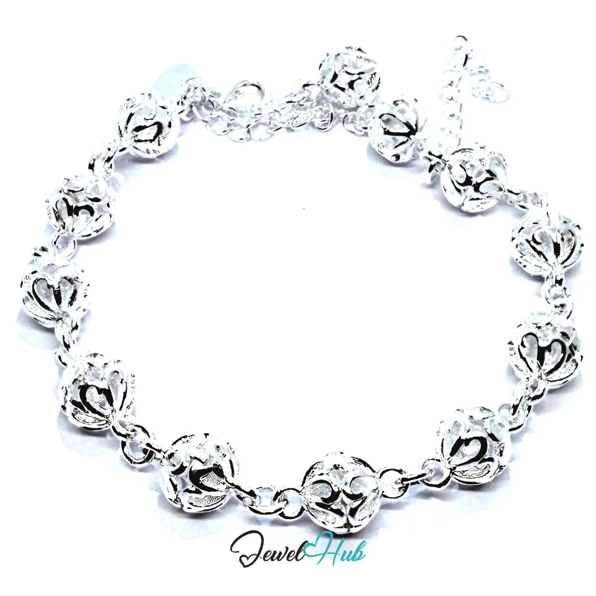 925 Sterling Silver Filigree Bead Bracelet – Ornate Adjustable Chain with Delicate Cutouts - JewelHub.co.uk