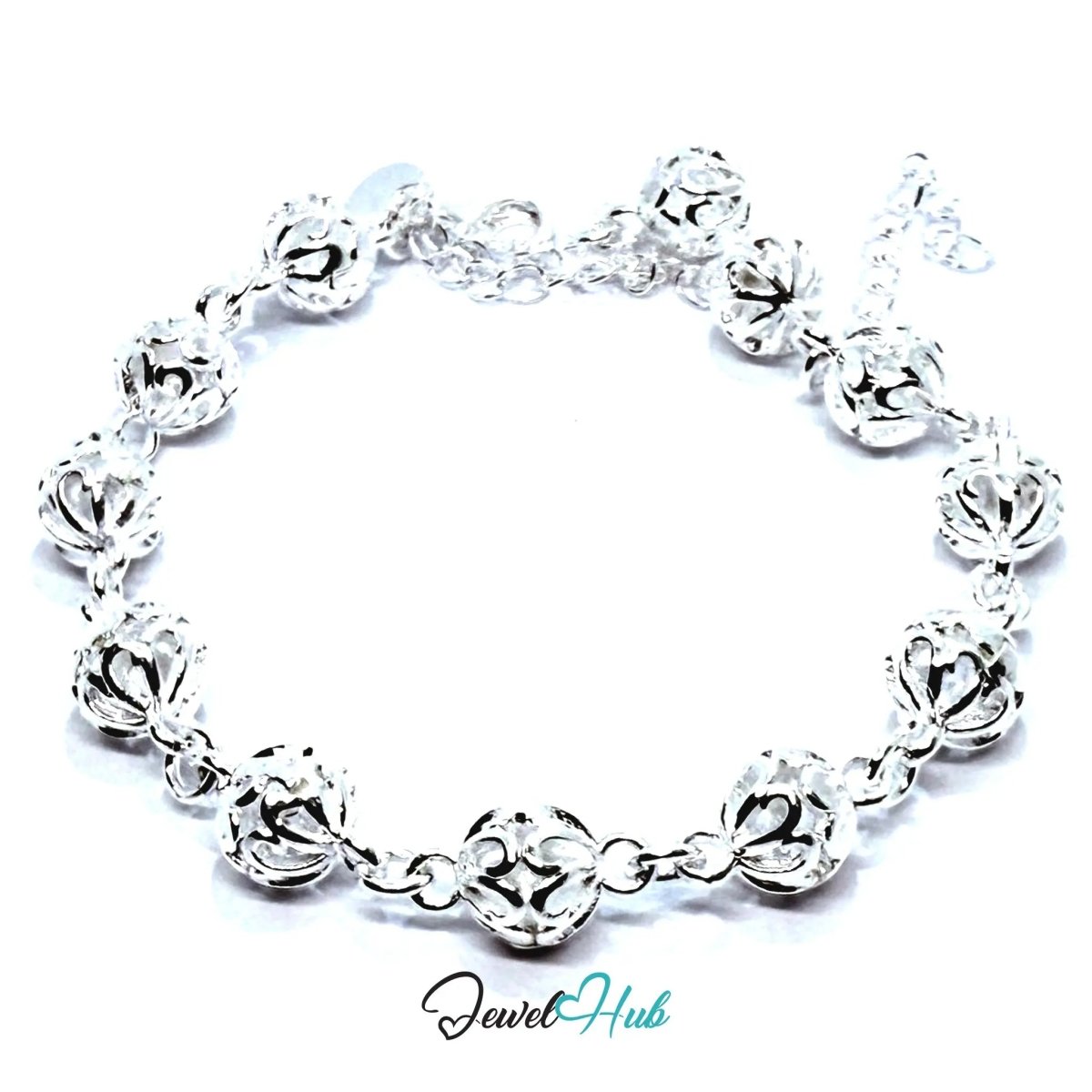 925 Sterling Silver Filigree Bead Bracelet – Ornate Adjustable Chain with Delicate Cutouts - JewelHub.co.uk