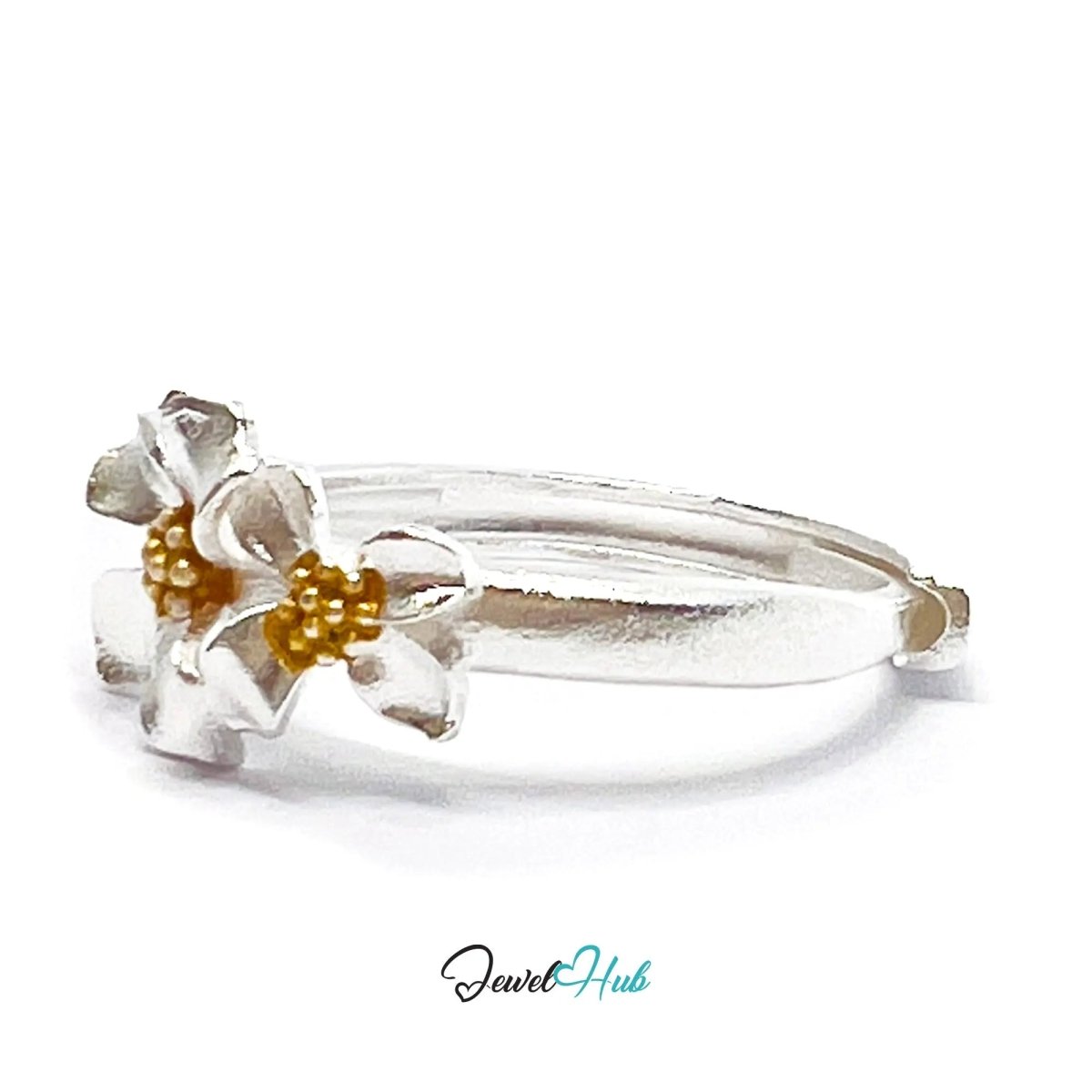 925 Sterling Silver Floral Golden Bloom Ring | 2.81g | Adjustable (N - P) | Golden Centres - JewelHub.co.uk