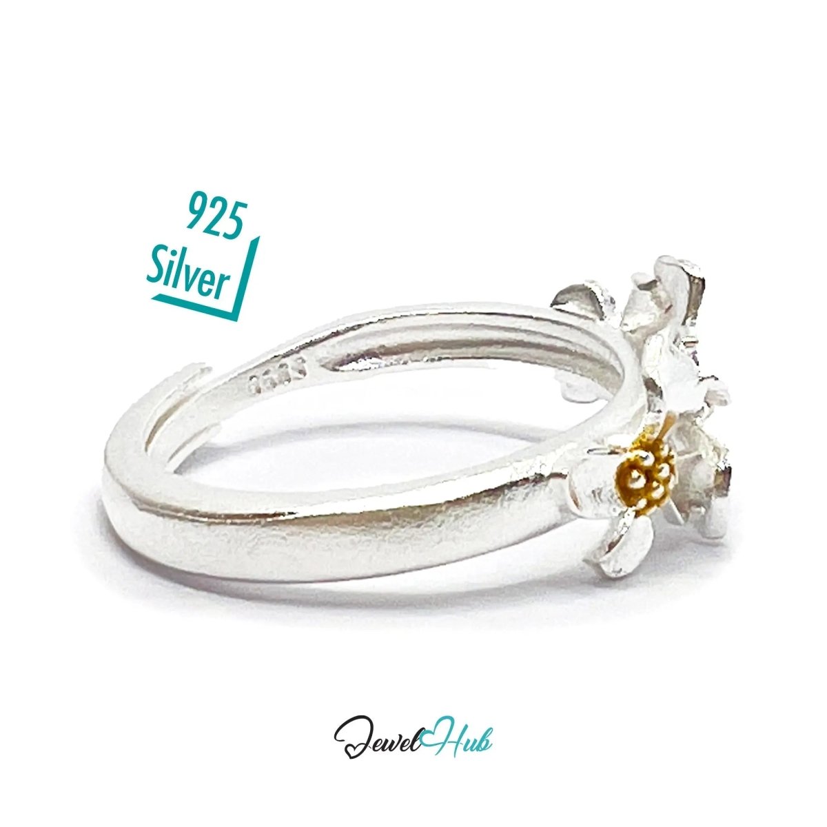 925 Sterling Silver Floral Golden Bloom Ring | 2.81g | Adjustable (N - P) | Golden Centres - JewelHub.co.uk