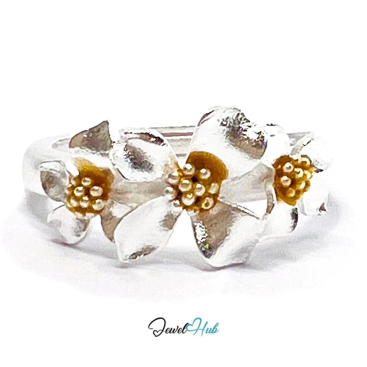 925 Sterling Silver Floral Golden Bloom Ring | 2.81g | Adjustable (N - P) | Golden Centres - JewelHub.co.uk