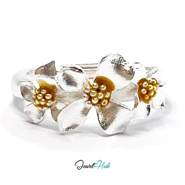 925 Sterling Silver Floral Golden Bloom Ring | 2.81g | Adjustable (N - P) | Golden Centres - JewelHub.co.uk
