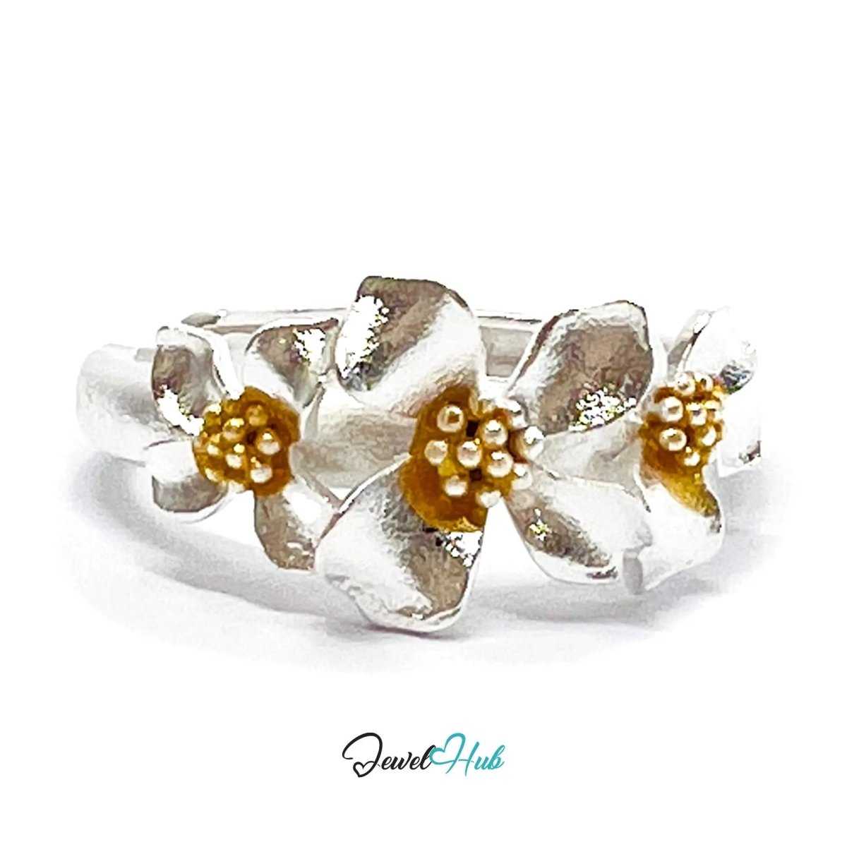 925 Sterling Silver Floral Golden Bloom Ring | 2.81g | Adjustable (N - P) | Golden Centres - JewelHub.co.uk