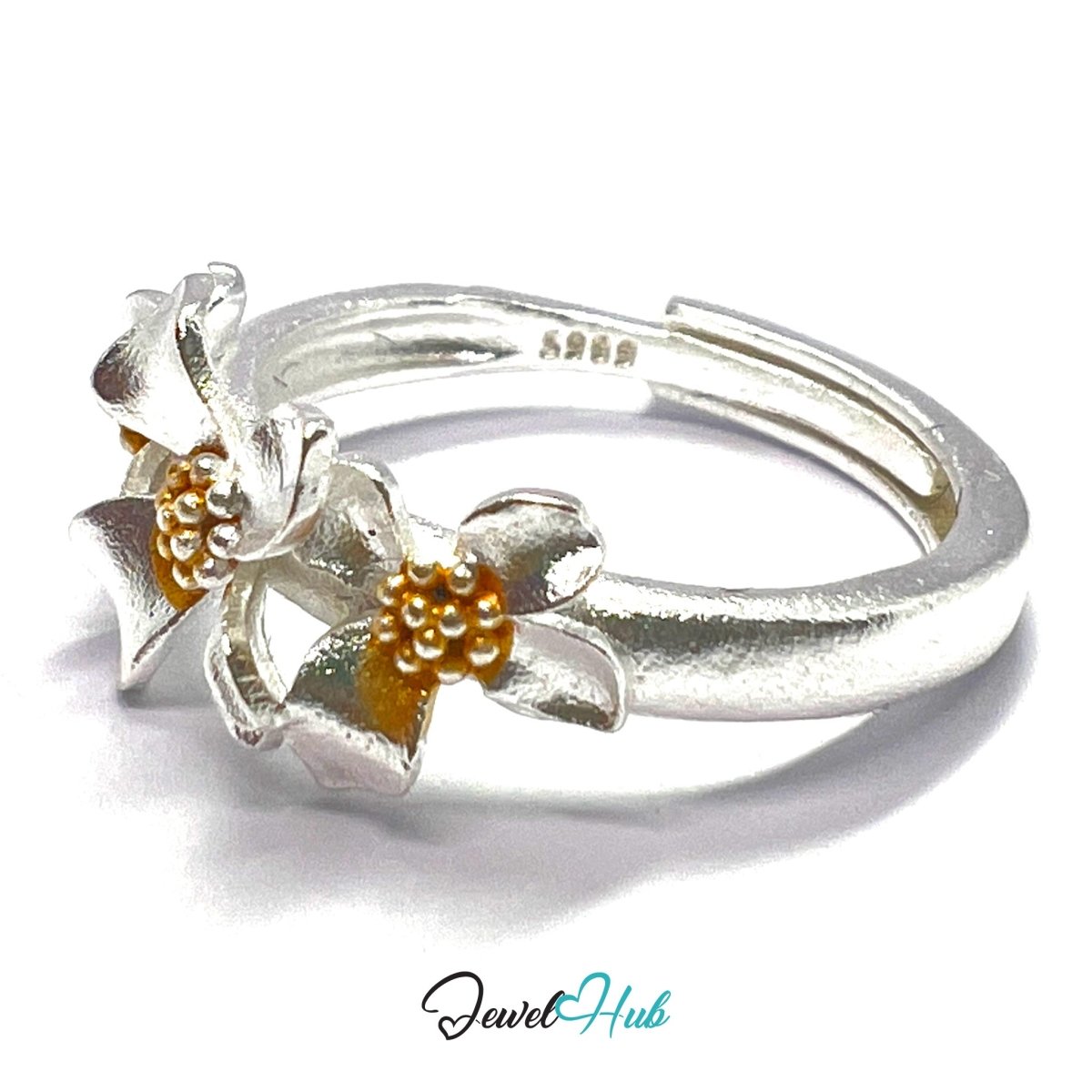 925 Sterling Silver Floral Golden Bloom Ring | Adjustable (N - P) - JewelHub.co.uk