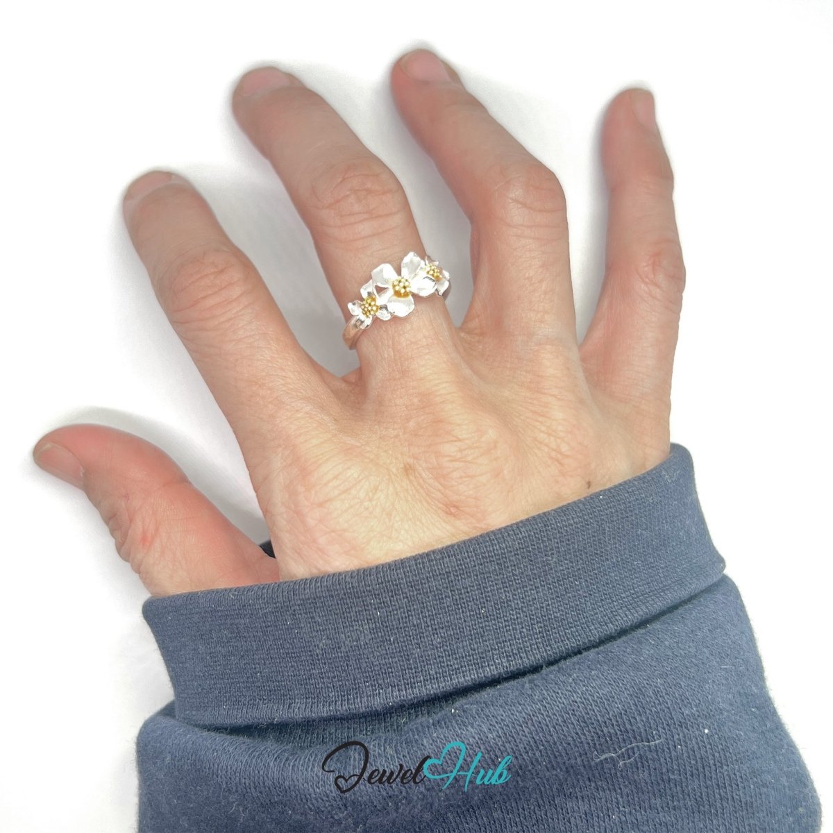 925 Sterling Silver Floral Golden Bloom Ring | Adjustable (N - P) - JewelHub.co.uk