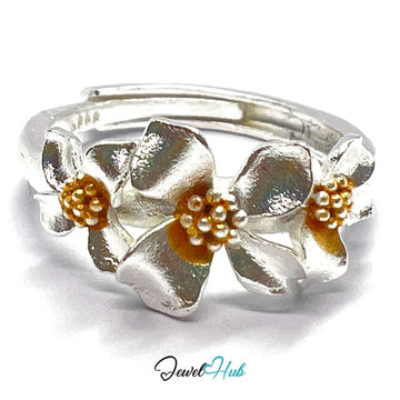 925 Sterling Silver Floral Golden Bloom Ring | Adjustable (N - P) - JewelHub.co.uk