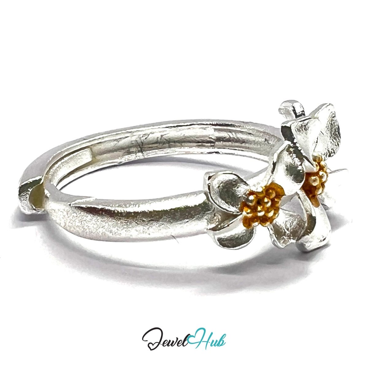 925 Sterling Silver Floral Golden Bloom Ring | Adjustable (N - P) - JewelHub.co.uk