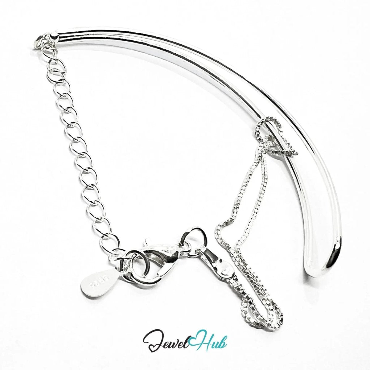 925 Sterling Silver Half‑Bangle Bracelet - A bangle & chain combo - JewelHub.co.uk