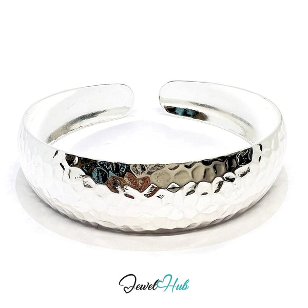 925 Sterling Silver Hammered Cuff – Wide Open Bracelet with Textured Finish - JewelHub.co.uk