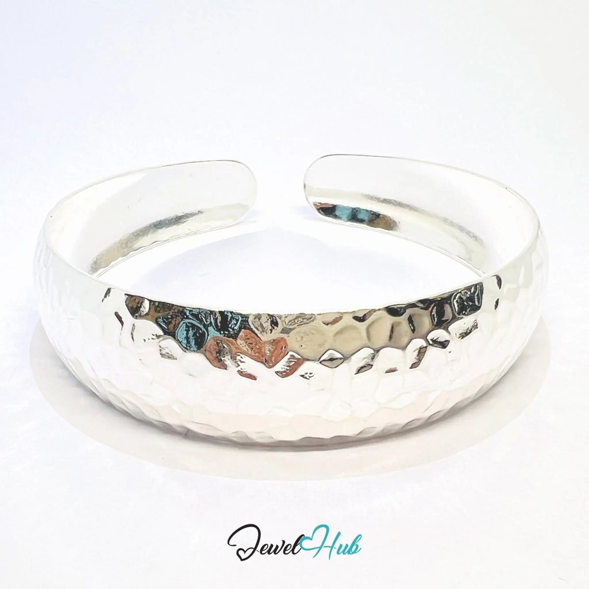 925 Sterling Silver Hammered Cuff – Wide Open Bracelet with Textured Finish - JewelHub.co.uk