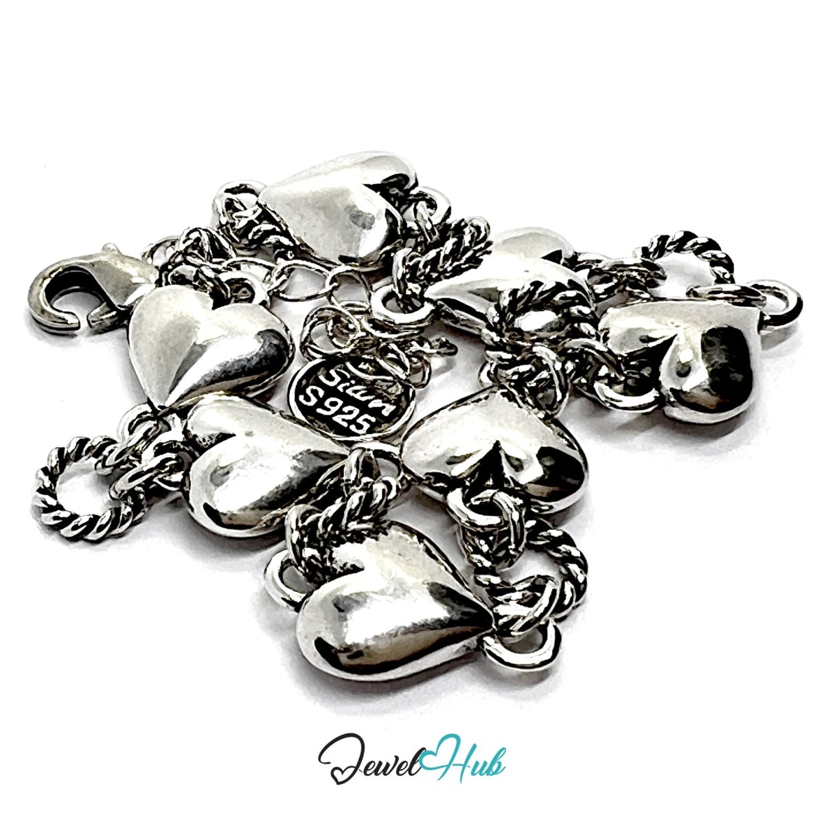 925 Sterling Silver HeartLink Bracelet – Adjustable Rope Chain with Sculptural Heart Charms - JewelHub.co.uk