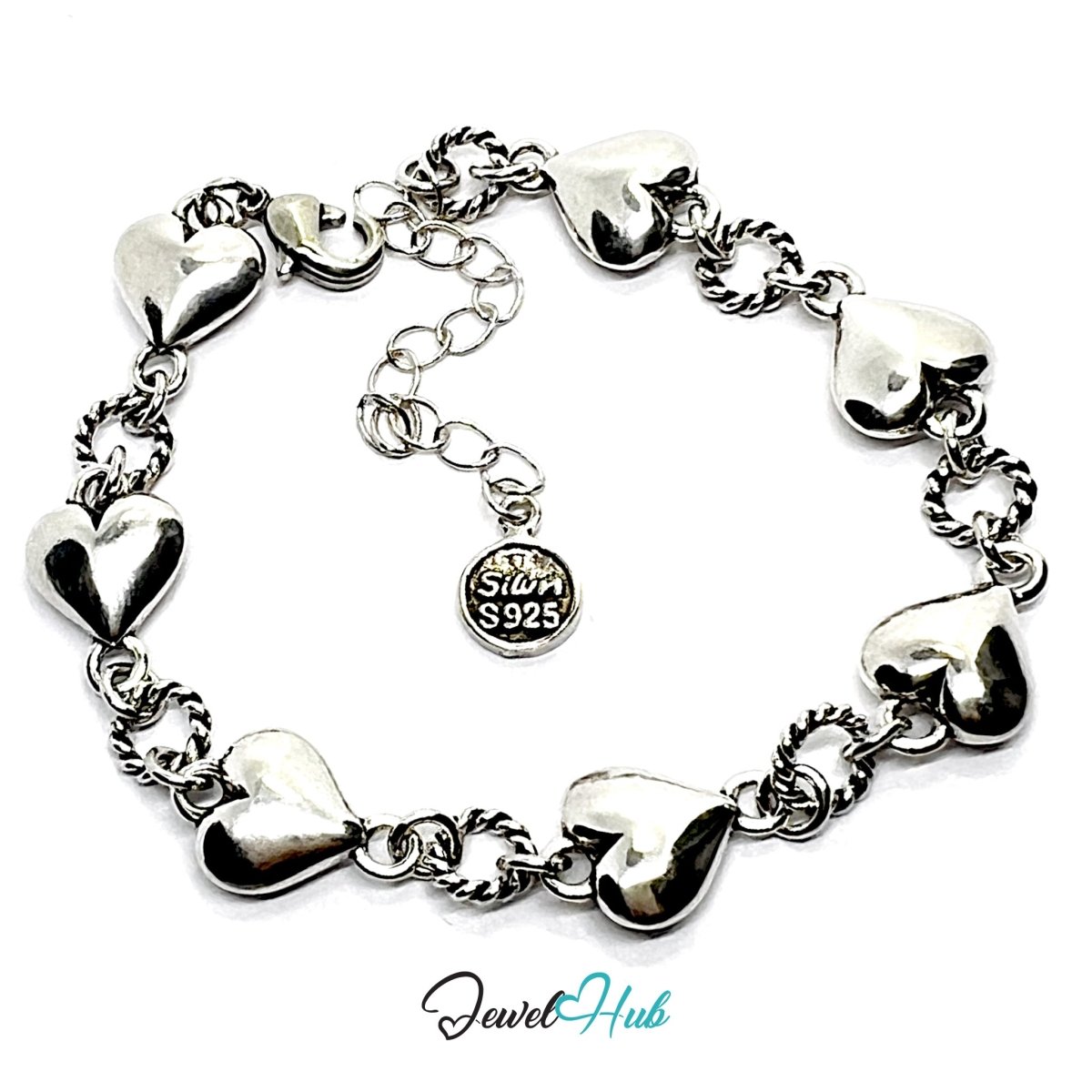 925 Sterling Silver HeartLink Bracelet – Adjustable Rope Chain with Sculptural Heart Charms - JewelHub.co.uk