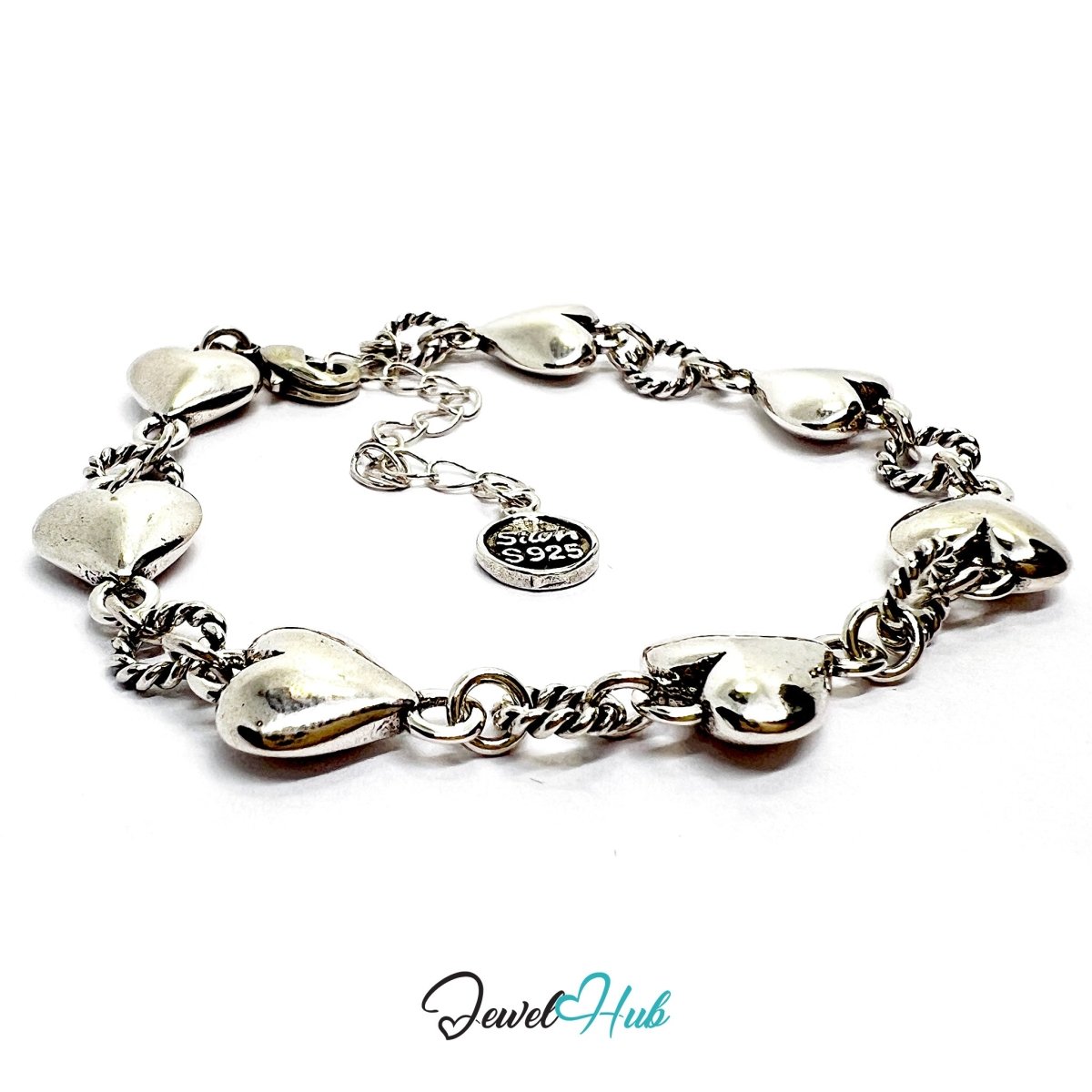 925 Sterling Silver HeartLink Bracelet – Adjustable Rope Chain with Sculptural Heart Charms - JewelHub.co.uk
