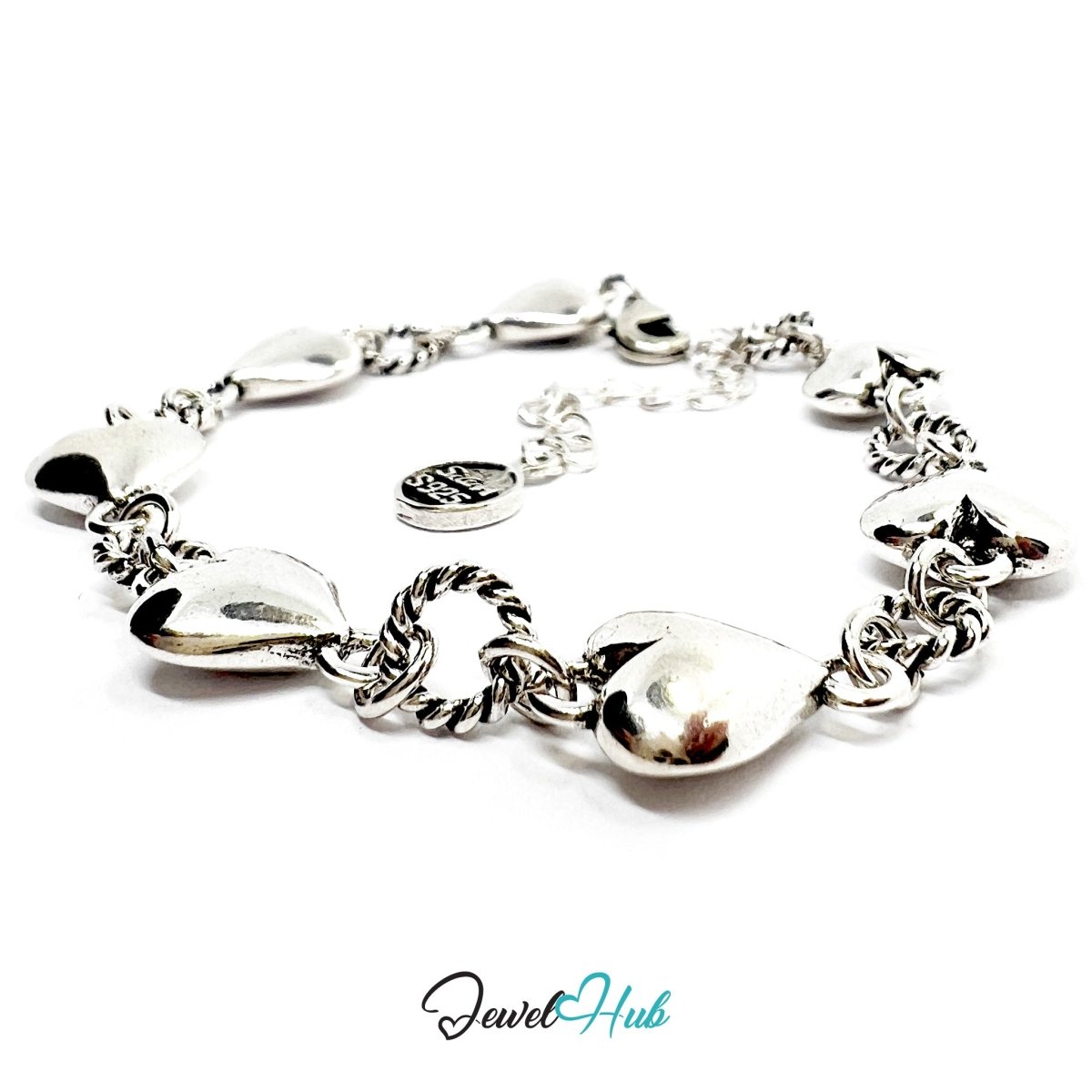 925 Sterling Silver HeartLink Bracelet – Adjustable Rope Chain with Sculptural Heart Charms - JewelHub.co.uk