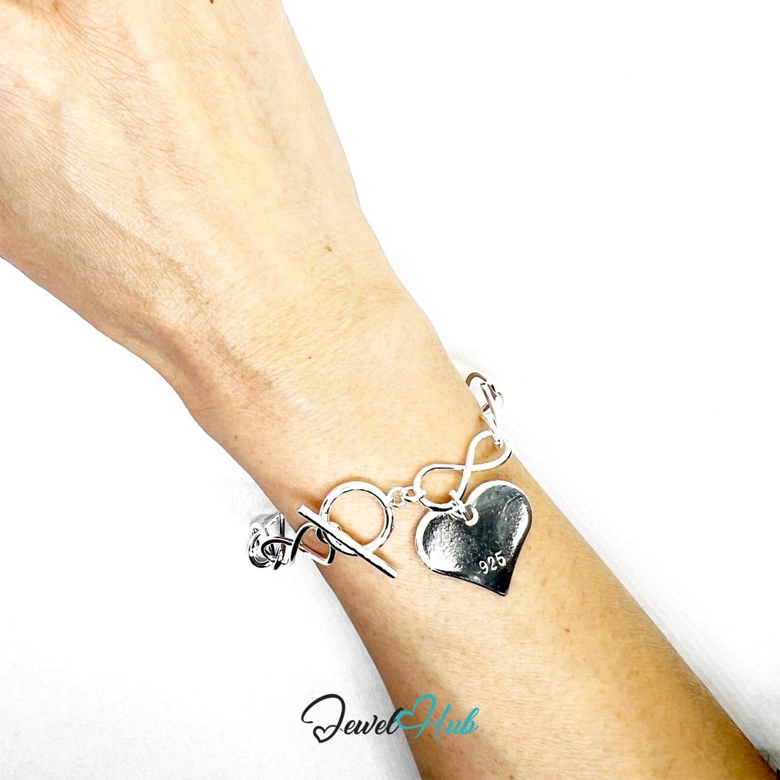 925 Sterling Silver HeartLink Bracelet – Infinity Chain with Sculptural Heart Charm - JewelHub.co.uk