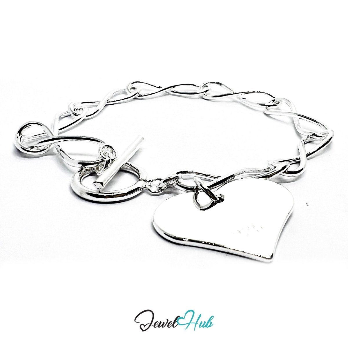 925 Sterling Silver HeartLink Bracelet – Infinity Chain with Sculptural Heart Charm - JewelHub.co.uk