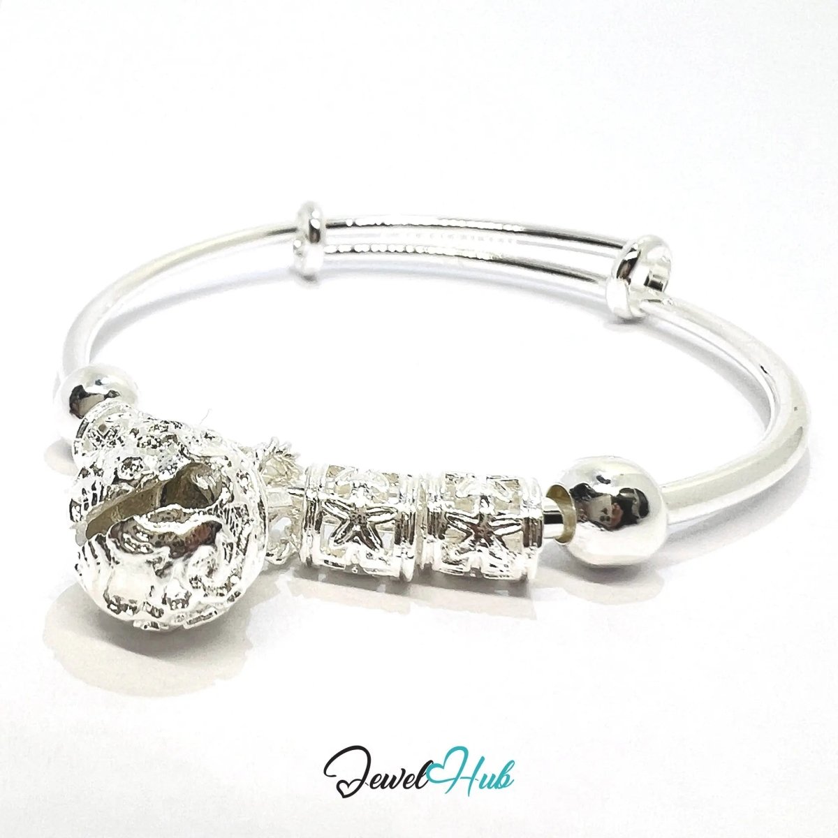 925 Sterling Silver Jingle Bead Bangle – Ornate Adjustable Bracelet with Sound Charm - JewelHub.co.uk