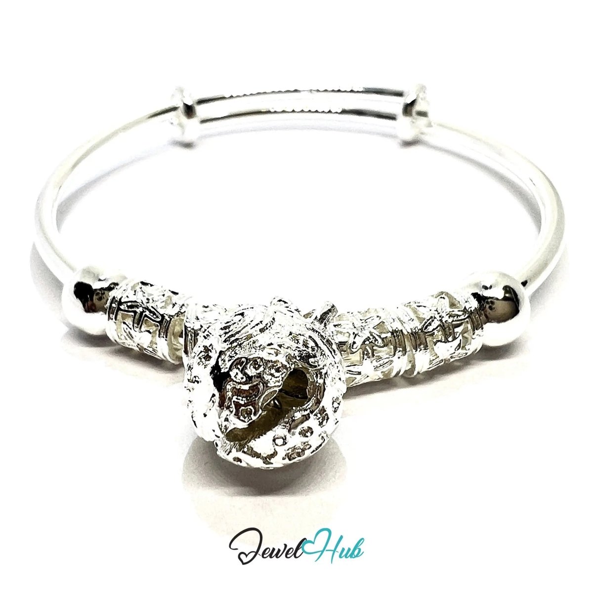 925 Sterling Silver Jingle Bead Bangle – Ornate Adjustable Bracelet with Sound Charm - JewelHub.co.uk