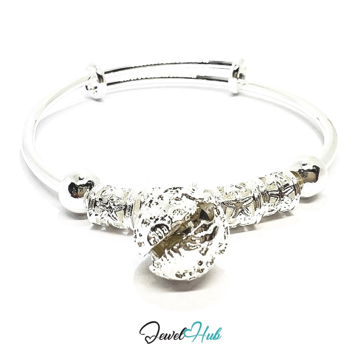 925 Sterling Silver Jingle Bead Bangle – Ornate Adjustable Bracelet with Sound Charm - JewelHub.co.uk