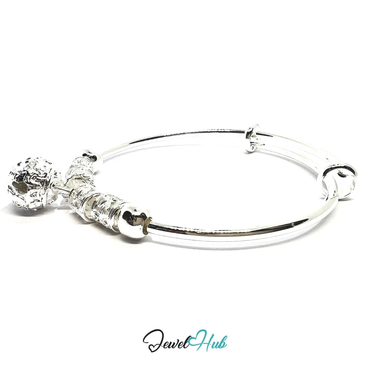925 Sterling Silver Jingle Bead Bangle – Ornate Adjustable Bracelet with Sound Charm - JewelHub.co.uk