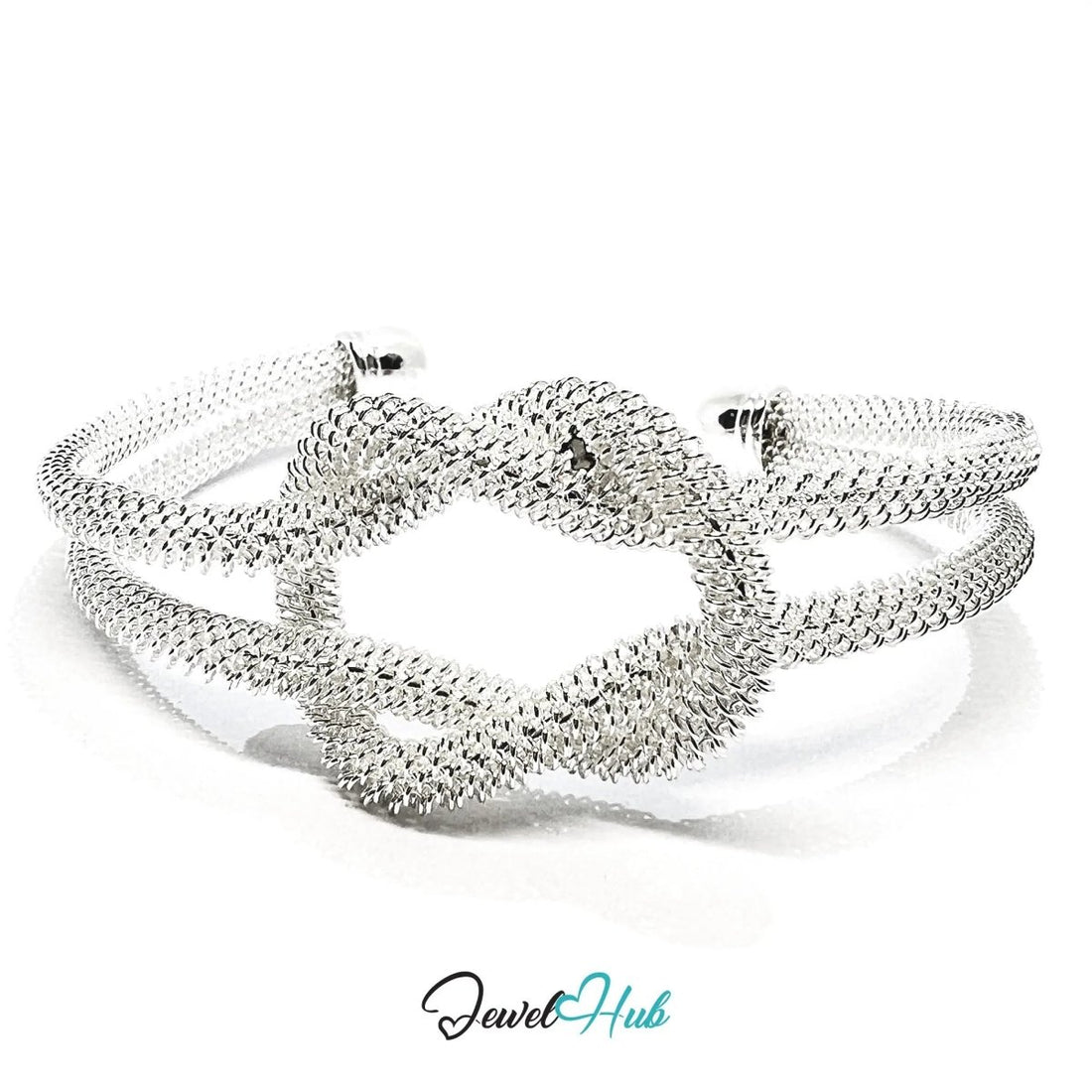 925 Sterling Silver Knot Mesh Cuff – Polished Open Bracelet with Textured Finish - JewelHub.co.uk