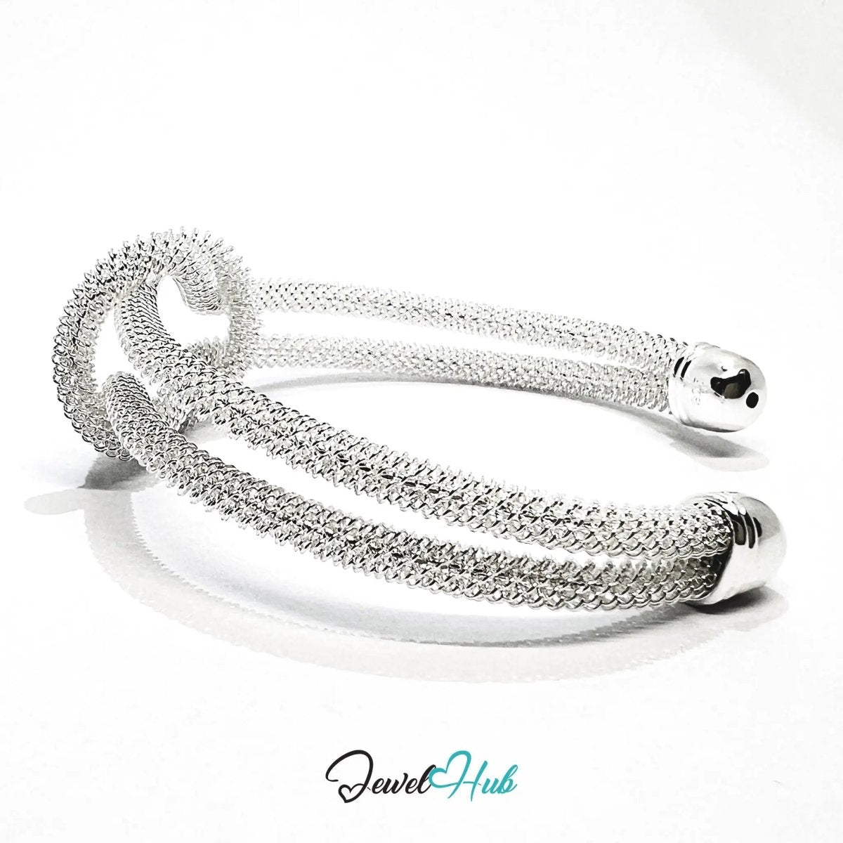 925 Sterling Silver Knot Mesh Cuff – Polished Open Bracelet with Textured Finish - JewelHub.co.uk