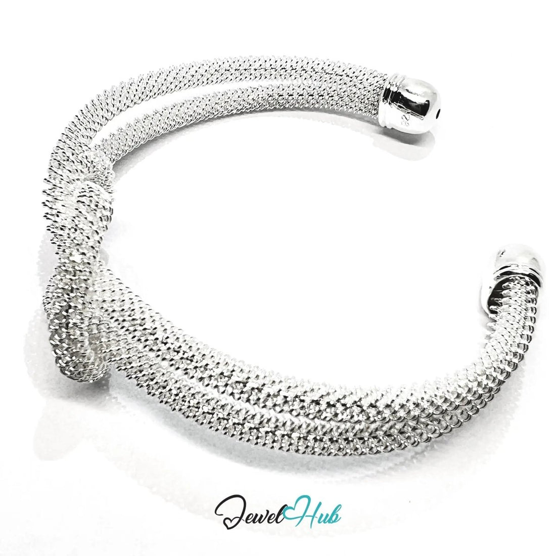 925 Sterling Silver Knot Mesh Cuff – Polished Open Bracelet with Textured Finish - JewelHub.co.uk