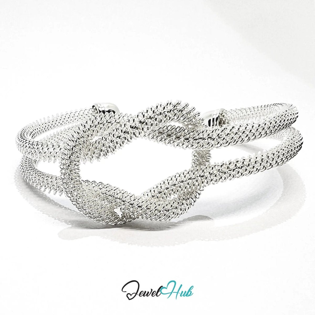 925 Sterling Silver Knot Mesh Cuff – Polished Open Bracelet with Textured Finish - JewelHub.co.uk