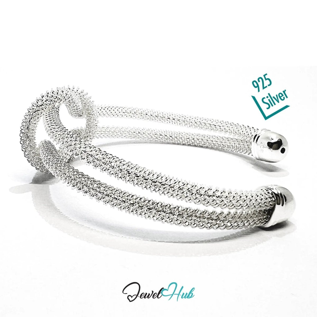 925 Sterling Silver Knot Mesh Cuff – Polished Open Bracelet with Textured Finish - JewelHub.co.uk