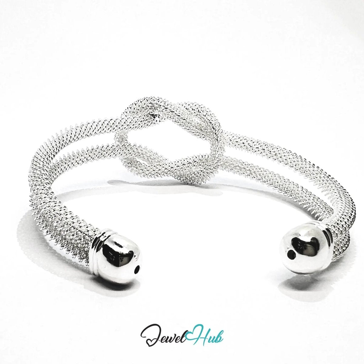 925 Sterling Silver Knot Mesh Cuff – Polished Open Bracelet with Textured Finish - JewelHub.co.uk