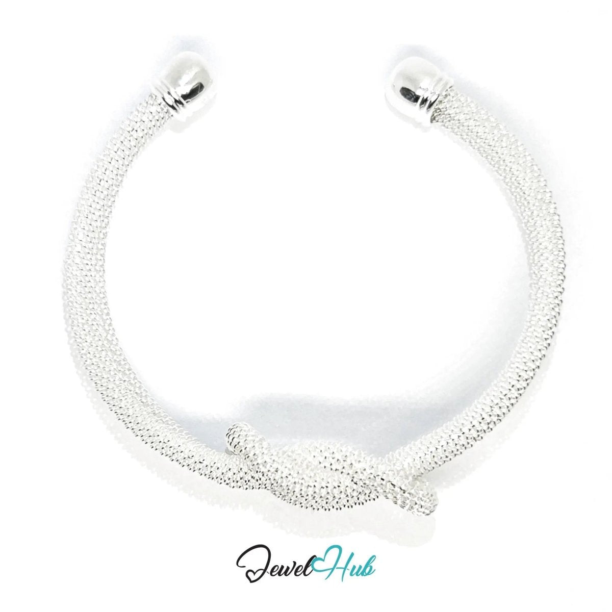 925 Sterling Silver Knot Mesh Cuff – Polished Open Bracelet with Textured Finish - JewelHub.co.uk
