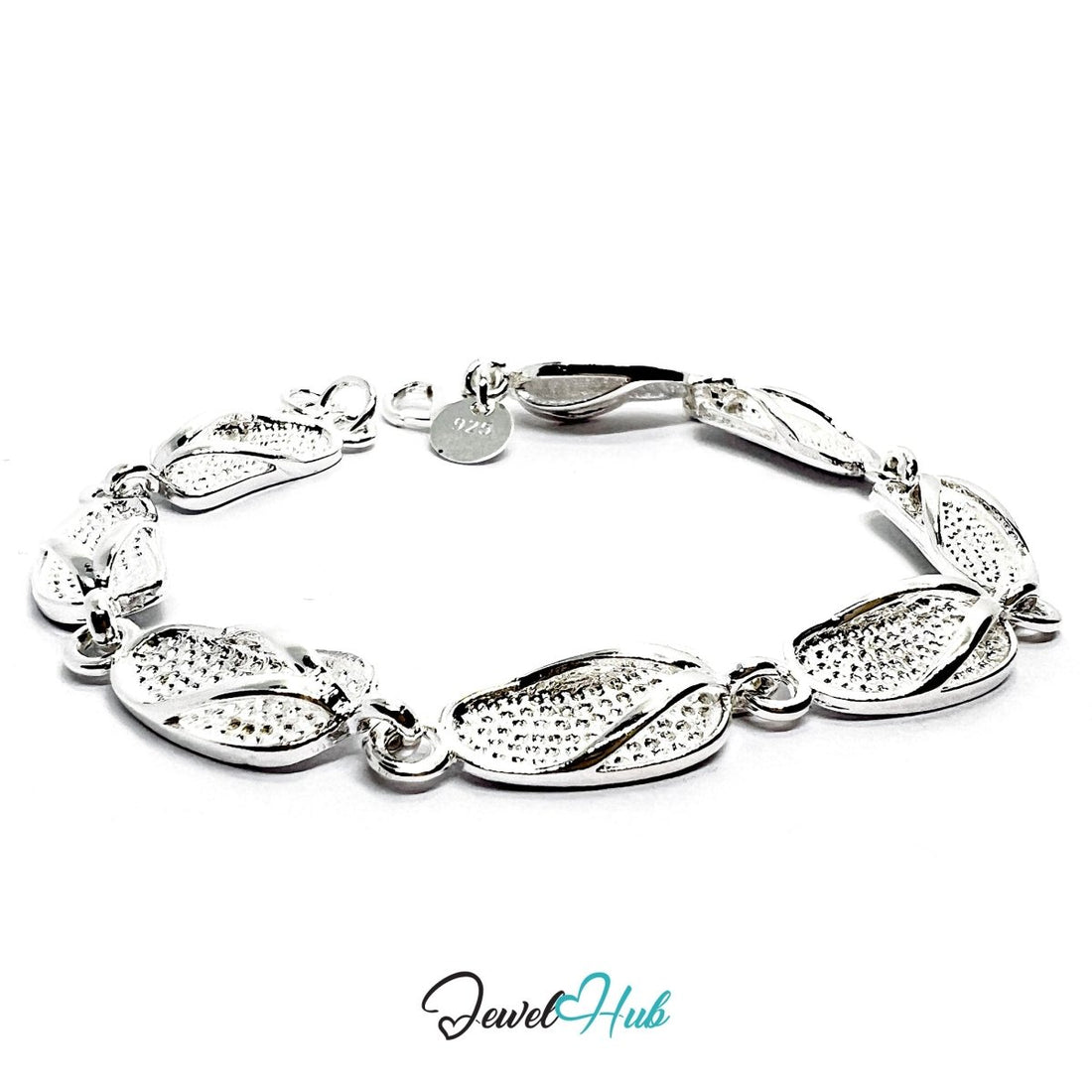 925 Sterling Silver LeafLink Bracelet – Sculptural Chain with Textured Slipper Charms - JewelHub.co.uk